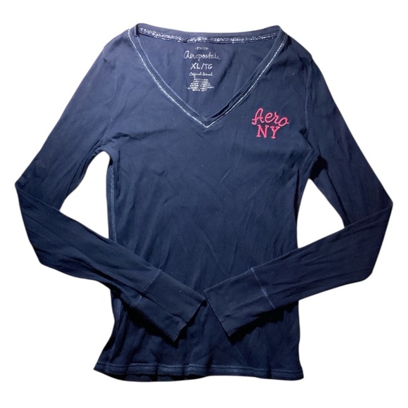 Aeropostale Tops - Aeropostale Dark Blue V-Neck Top with Pink Logo